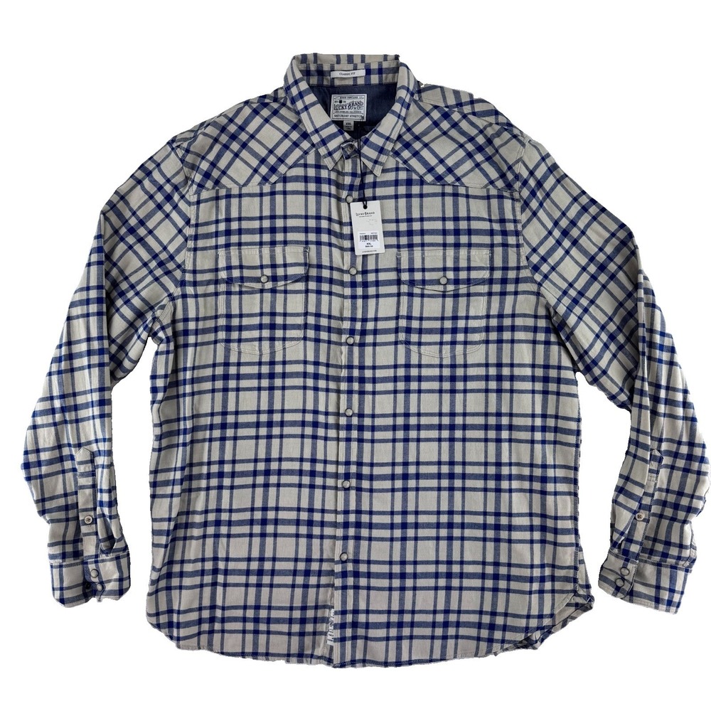 Lucky Brand Saturday Stretch Pearl Snap Flannel Shirt Size XXL Beige Blue